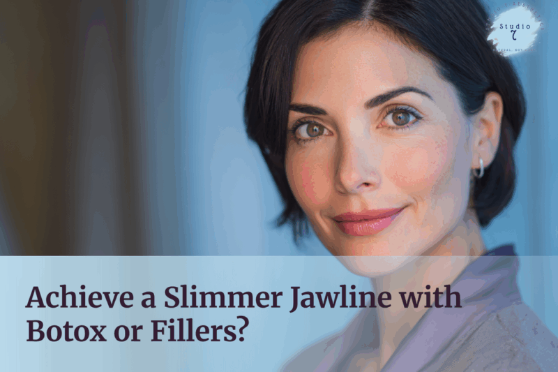 Woman smiling with text about jawline treatment.