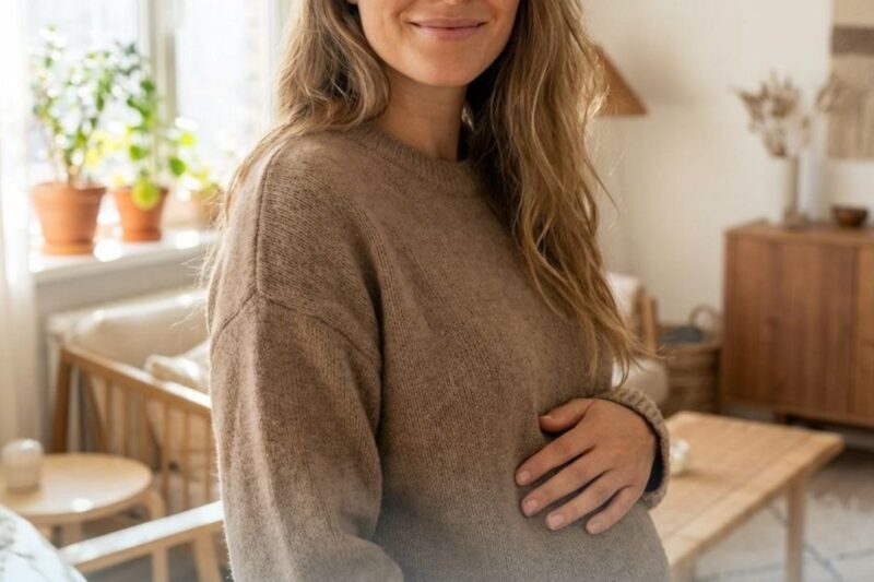 Pregnant woman smiling in cozy living room.