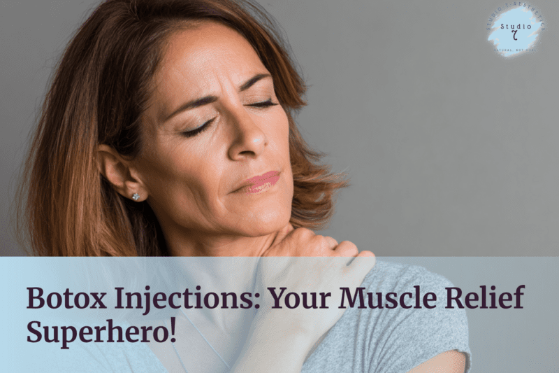 Woman with neck pain, promoting Botox relief.