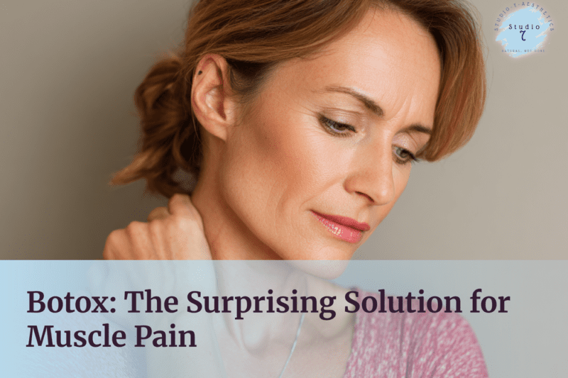 Woman contemplating, text about Botox for pain.