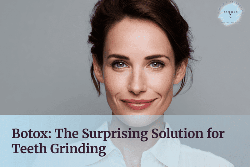 Smiling woman promoting Botox for teeth grinding.