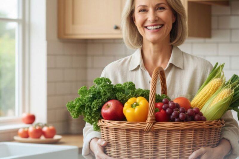 Woman holding basket of fresh vegetables, smiling.