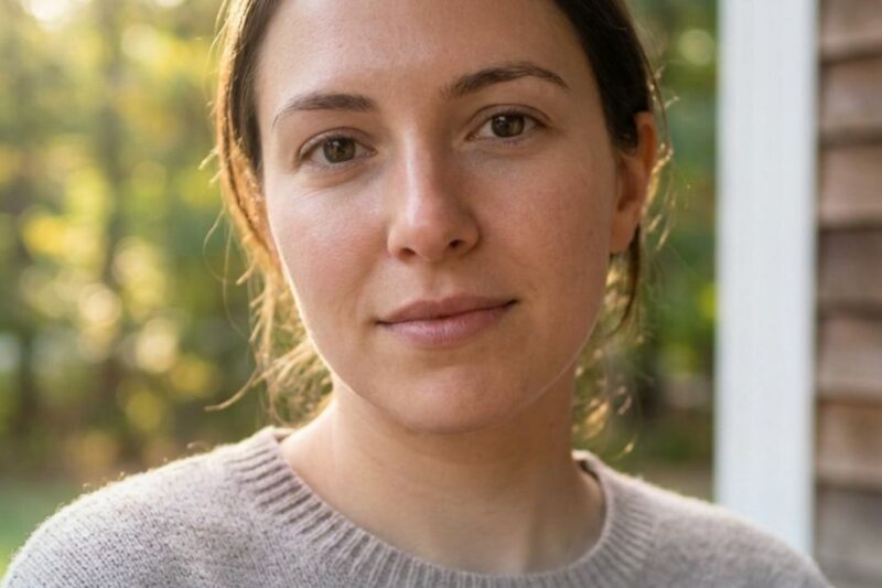 Woman outdoors promoting acne scar treatment.