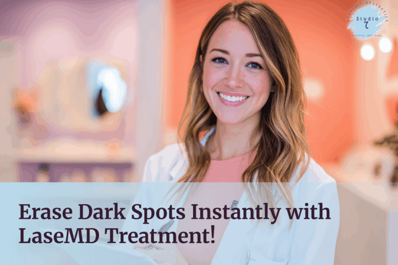 Smiling woman promoting skin treatment service.