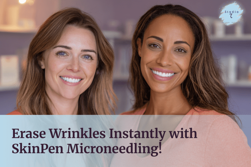 Two women smiling with skincare advertisement.