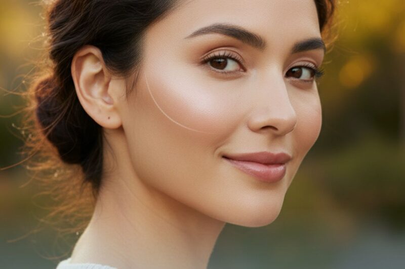Woman with highlighted cheek contouring, smiling.