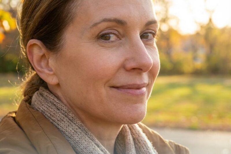 Smiling woman outdoors in autumn setting.