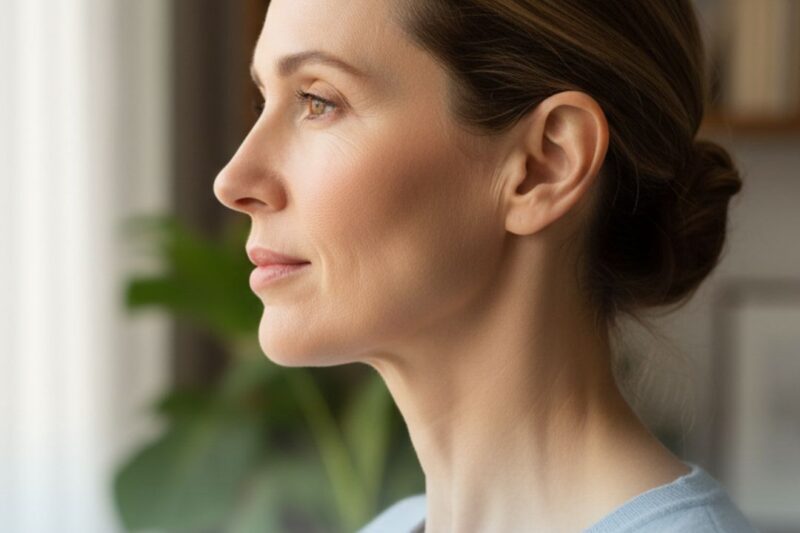 Profile of woman promoting non-surgical skin treatment.