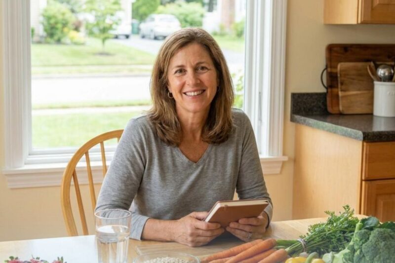 Woman using tablet in kitchen promoting diabetes management.