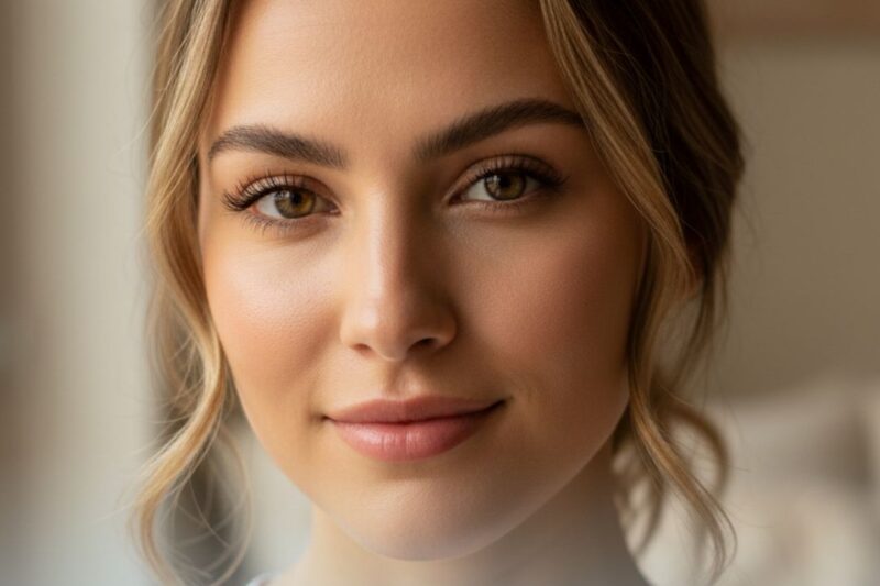 Woman promoting SkinPen facial treatment.