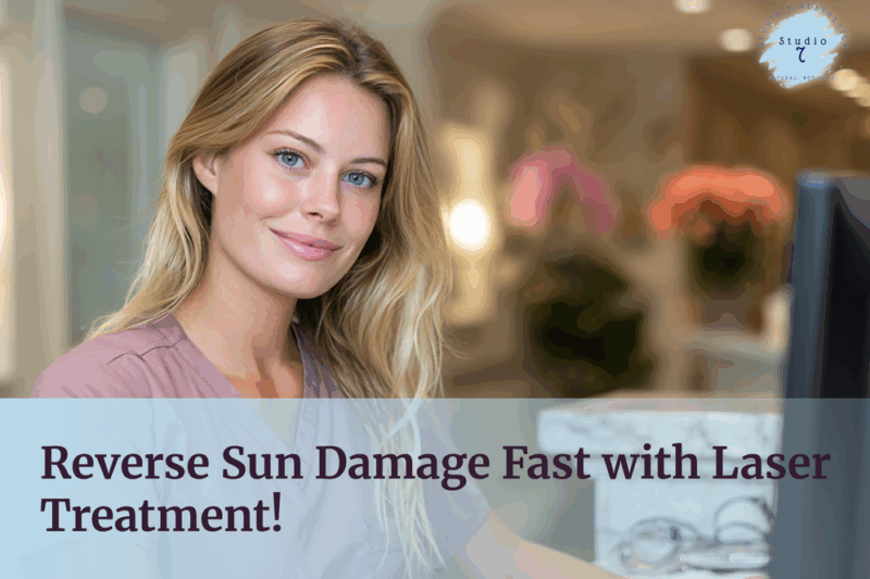 Woman promoting laser sun damage treatment.
