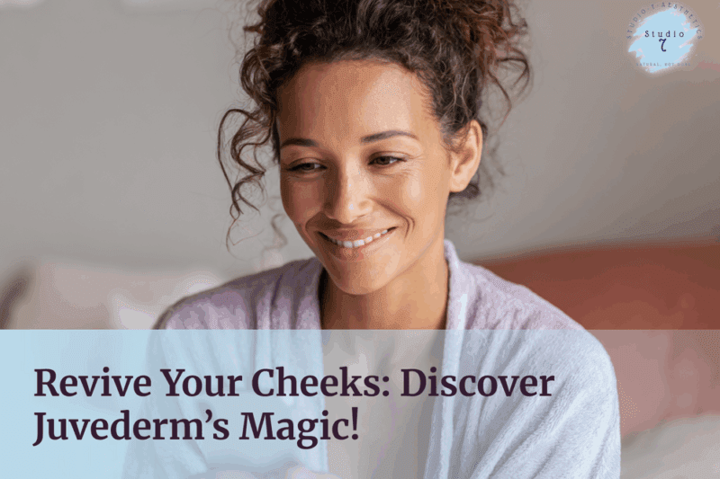 Woman smiling, promoting Juvederm cheek treatment.