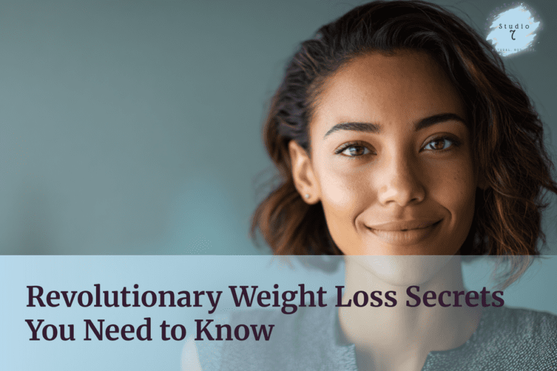 Smiling woman with weight loss secrets text.