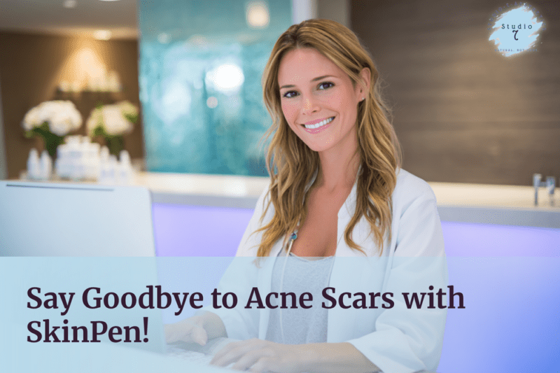 Smiling woman promoting acne scar treatment.