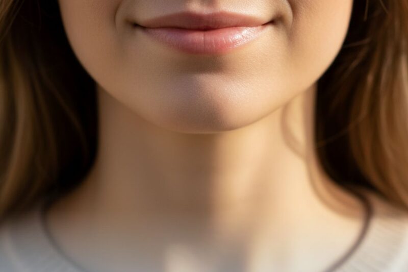 Smiling woman with smooth skin, advertisement text.