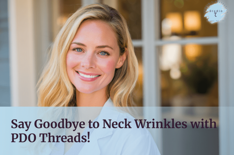 Smiling woman promoting wrinkle treatment procedure.