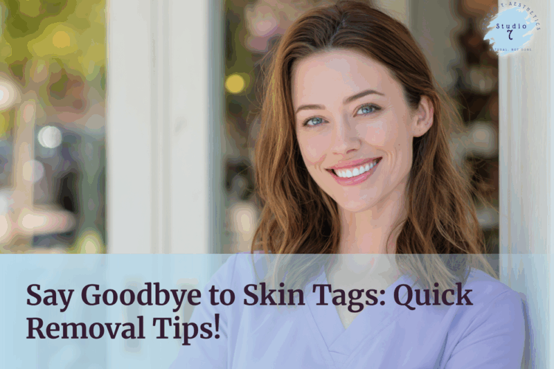 Smiling woman promoting skin tag removal tips.