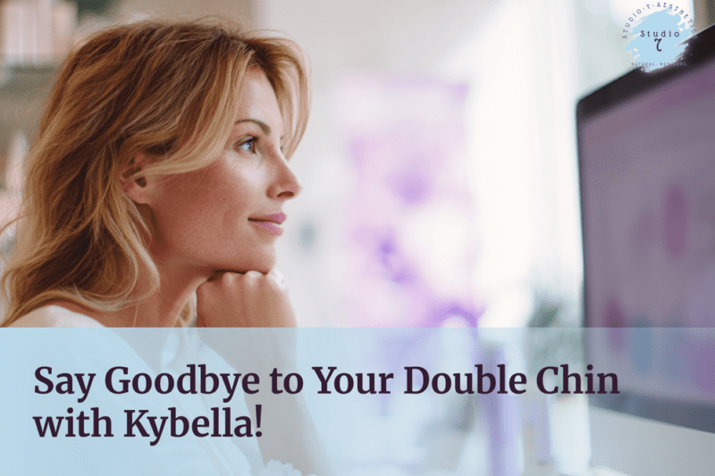 Woman smiling at computer, Kybella advertisement.