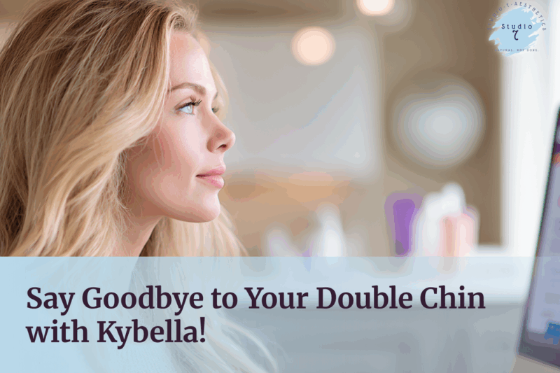 Woman considering Kybella for double chin reduction.