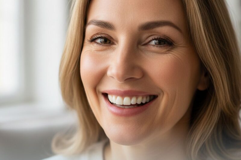 Smiling woman promoting beauty treatment benefits.