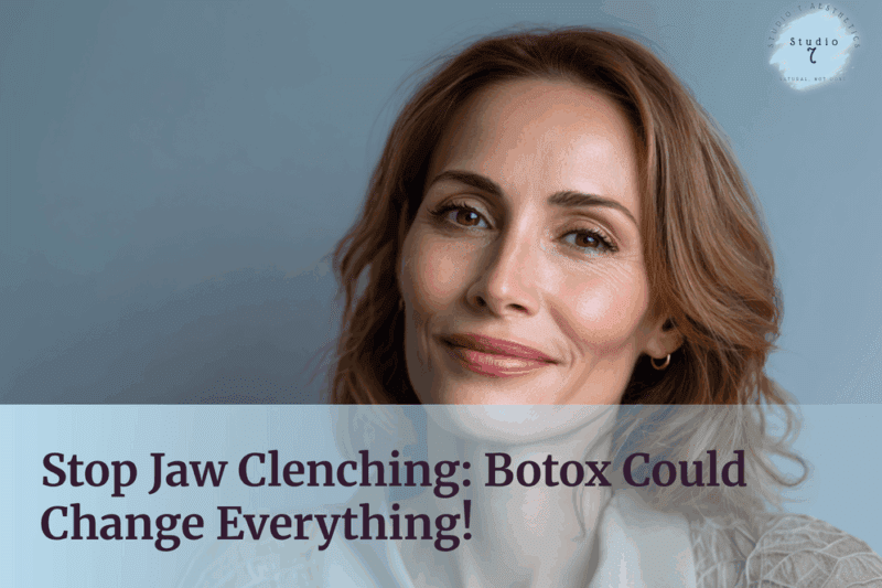 Smiling woman with Botox jaw clenching text.