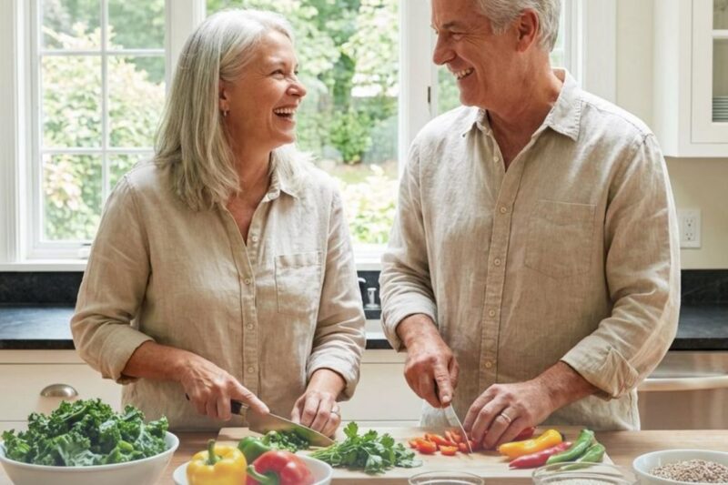 Older couple preparing healthy meal together, smiling.