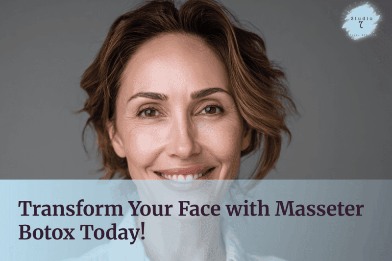 Smiling woman promoting Masseter Botox treatment.