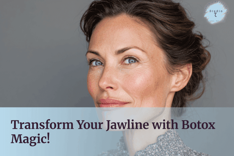 Smiling woman promoting jawline transformation service.