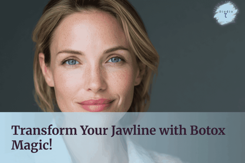 Confident woman promoting jawline transformation with Botox Magic.