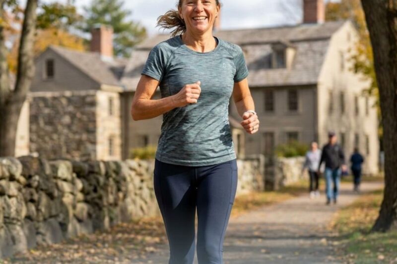 Woman jogging outdoors on a sunny day.