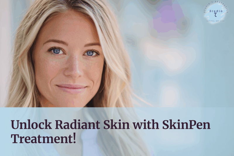Smiling woman promoting SkinPen treatment.
