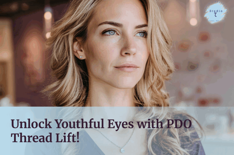 Woman promoting PDO thread lift treatment.